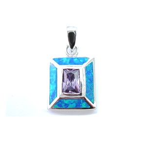 Blue Opal Rectangle Pendant with Amethyst Center
